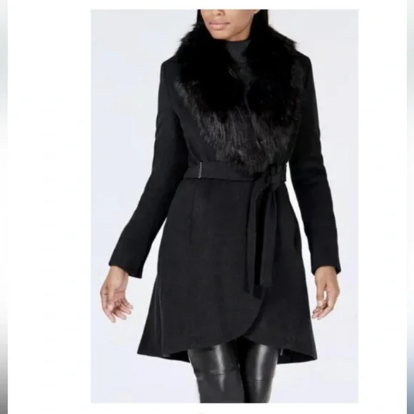 Calvin Klein Black Wool Wrap Coat Detachable Fur Collar Size 6 - Picture 1 of 9